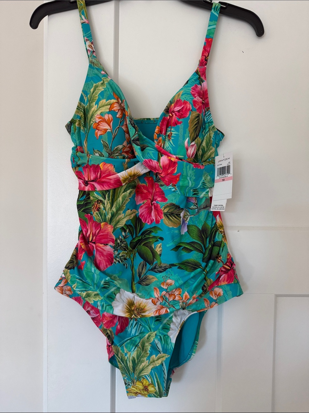 Jantzen Teal Tropical Floral One-Piece Swimsuit with Pink & Orange Flowers